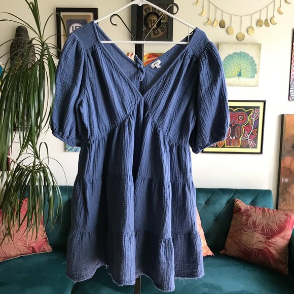aerie Dresses & Skirts - AERIE size L Blue Gauzy Cotton Tiered Peasant Mini Dress Boho Bohemian